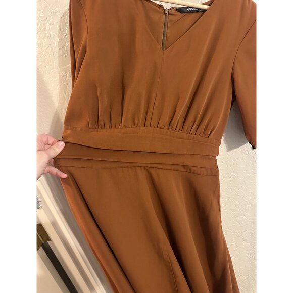 Y eShakti Retro Mocha Brown V Neck Ruched Middle Swing Midi Dress - Picture 5 of 15